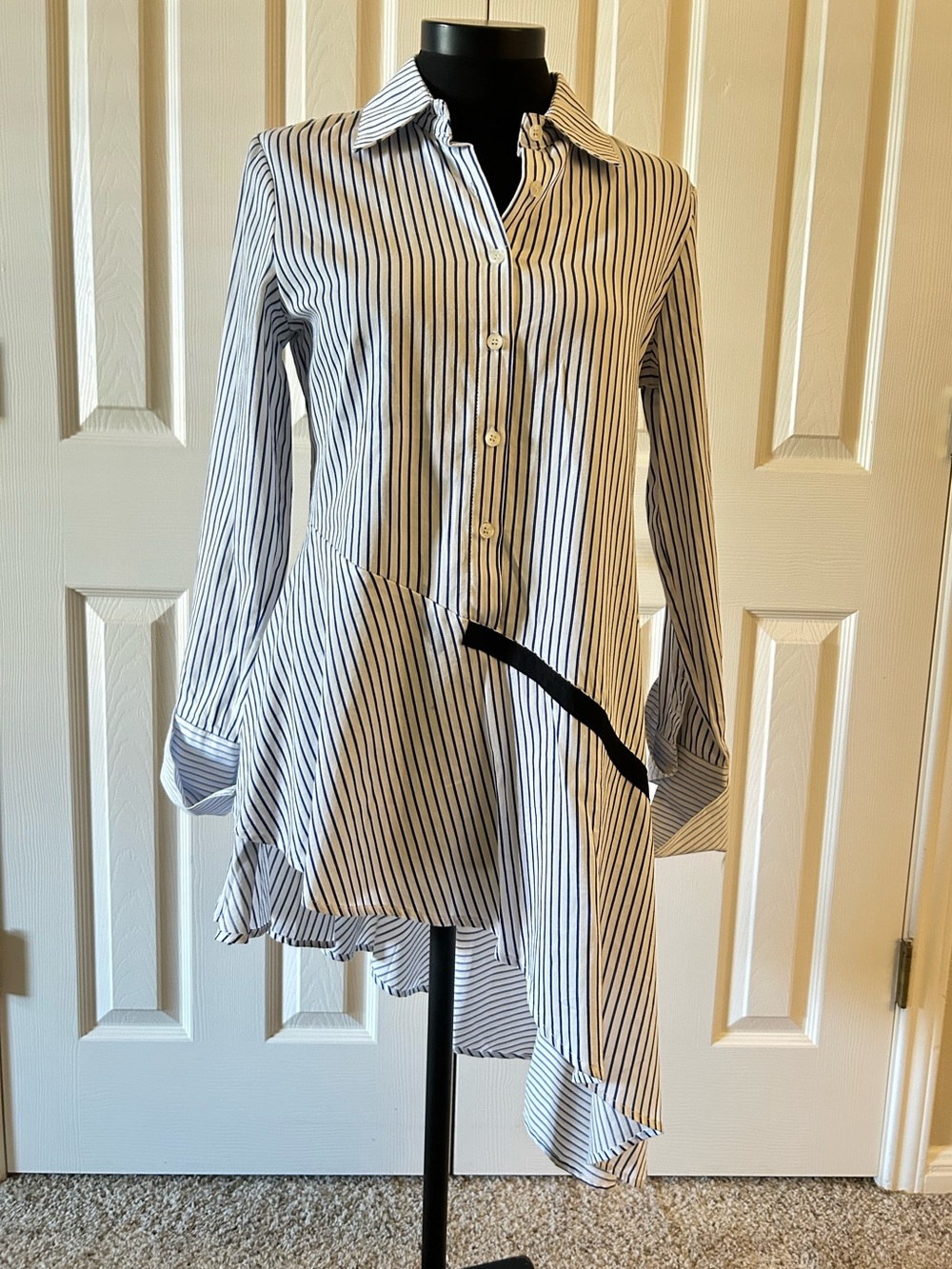 Athena Marie Striped Asymmetric Button-Down Dress - Navy /White. Size S.